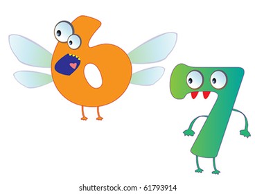 Cute Monster Numbers 6 and 7 For Kids and Children