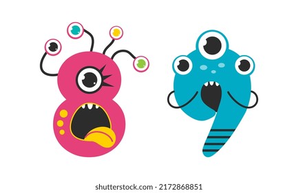 Cute monster numbers. 8, 9 number in shape of funny monster cartoon vector illustration