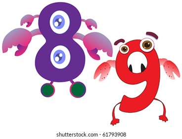 Cute Monster Numbers 8 and 9 For Kids and Children
