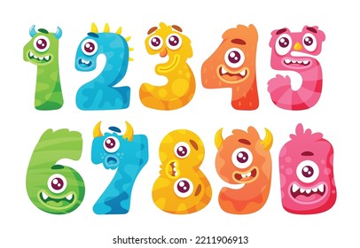 Cute Monster Numbers One, Two, Three, Four, Five, Six, Seven, Eight, Nine and Zero. Funny Kid Decorative Elements, Digits Emotions, Colorful Fairytale Halloween Characters. Cartoon Vector Illustration