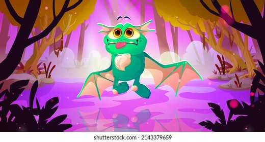 Cute monster on alien or fantasy planet landscape. Cartoon funny character, strange animal, dragon or frog with green skin and wings, Halloween spooky creature with big eyes, Vector illustration