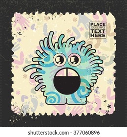 Cute Monster on grunge postage stamp. Cartoon illustration, vector.