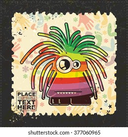 Cute Monster on grunge postage stamp. Cartoon illustration, vector.