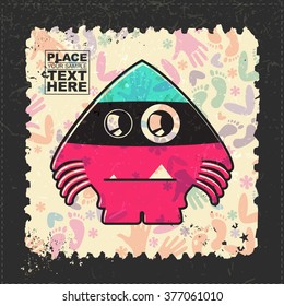 Cute Monster on grunge postage stamp. Cartoon illustration, vector.