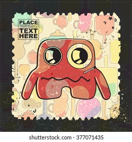Cute Monster on grunge postage stamp. Cartoon illustration, vector.