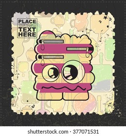 Cute Monster on grunge postage stamp. Cartoon illustration, vector.