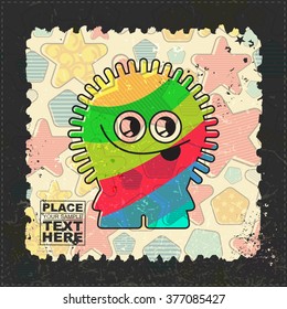 Cute Monster on grunge postage stamp. Cartoon illustration, vector.