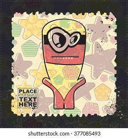Cute Monster on grunge postage stamp. Cartoon illustration, vector.