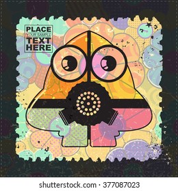 Cute Monster on grunge postage stamp. Cartoon illustration, vector