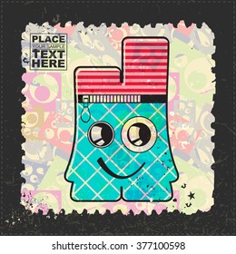 Cute Monster on grunge postage stamp. Cartoon illustration, vector