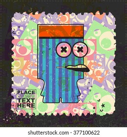 Cute Monster on grunge postage stamp. Cartoon illustration, vector