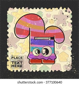 Cute Monster on grunge postage stamp. Cartoon illustration, vector