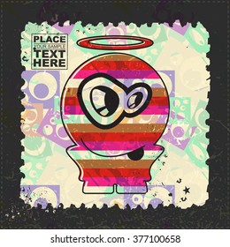 Cute Monster on grunge postage stamp. Cartoon illustration, vector