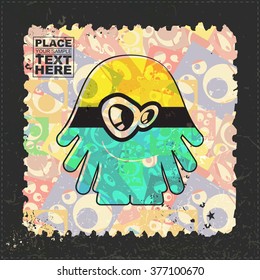 Cute Monster on grunge postage stamp. Cartoon illustration, vector