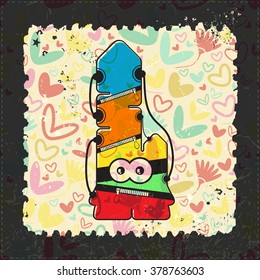Cute Monster on grunge postage stamp. Cartoon illustration, vector.