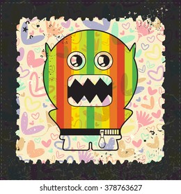 Cute Monster on grunge postage stamp. Cartoon illustration, vector.
