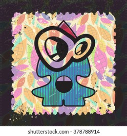 Cute Monster on grunge postage stamp. Cartoon illustration, vector.