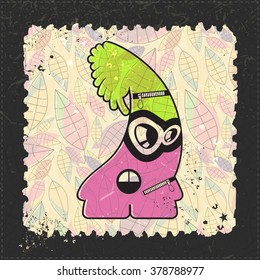 Cute Monster on grunge postage stamp. Cartoon illustration, vector.