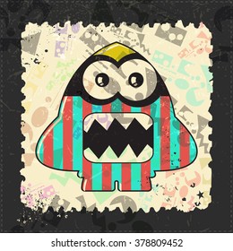 Cute Monster on grunge postage stamp. Cartoon illustration, vector.
