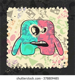 Cute Monster on grunge postage stamp. Cartoon illustration, vector.