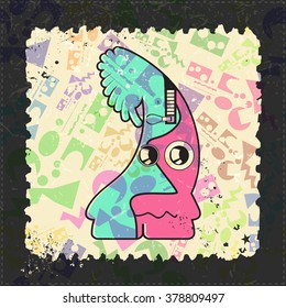 Cute Monster on grunge postage stamp. Cartoon illustration, vector.