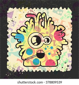Cute Monster on grunge postage stamp. Cartoon illustration, vector.