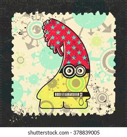 Cute Monster on grunge postage stamp. Cartoon illustration, vector.