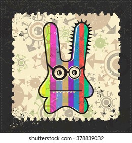 Cute Monster on grunge postage stamp. Cartoon illustration, vector.
