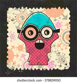 Cute Monster on grunge postage stamp. Cartoon illustration, vector.