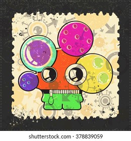 Cute Monster on grunge postage stamp. Cartoon illustration, vector.