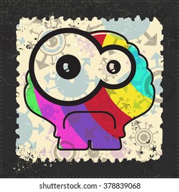 Cute Monster on grunge postage stamp. Cartoon illustration, vector.