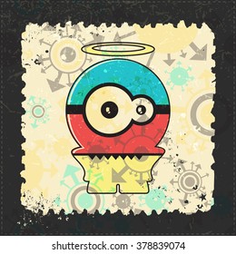 Cute Monster on grunge postage stamp. Cartoon illustration, vector.