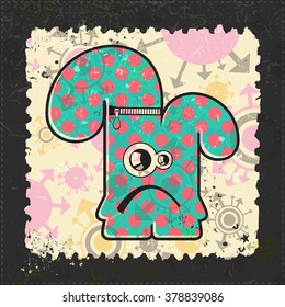 Cute Monster on grunge postage stamp. Cartoon illustration, vector.