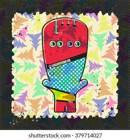 Cute Monster on grunge postage stamp. Cartoon illustration, vector.