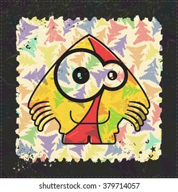 Cute Monster on grunge postage stamp. Cartoon illustration, vector.