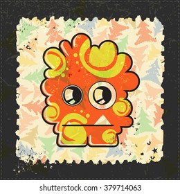 Cute Monster on grunge postage stamp. Cartoon illustration, vector.