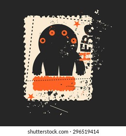 Cute monster on retro grunge Postage Stamp