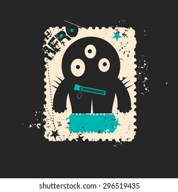 Cute monster on retro grunge Postage Stamp
