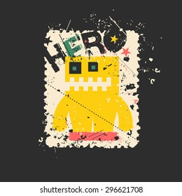 Cute monster on retro grunge Postage Stamp. Cartoon illustration. Vintage postage stamp. Vector illustration. 