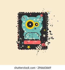 Cute monster on retro grunge Postage Stamp. Cartoon illustration. Vintage postage stamp. Vector illustration. 