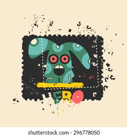 Cute monster on retro grunge Postage Stamp. Cartoon illustration. Vintage postage stamp. Vector illustration. 