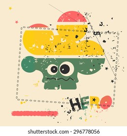 Cute monster on retro grunge Postage Stamp. Cartoon illustration. Vintage postage stamp. Vector illustration. 