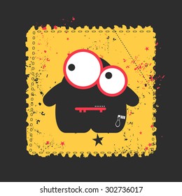 Cute monster on retro grunge Postage Stamp. Cartoon illustration. Vintage postage stamp. Vector illustration.