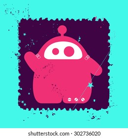 Cute monster on retro grunge Postage Stamp. Cartoon illustration. Vintage postage stamp. Vector illustration.