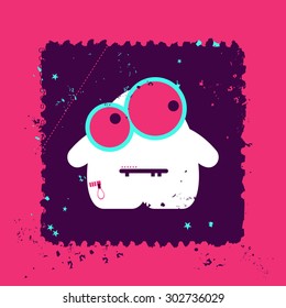 Cute monster on retro grunge Postage Stamp. Cartoon illustration. Vintage postage stamp. Vector illustration.