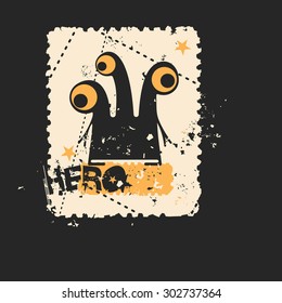 Cute monster on retro grunge Postage Stamp. Cartoon illustration. Vintage postage stamp. Vector illustration.