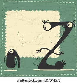 Cute monster on retro grunge background with place for text. cartoon illustration. vector