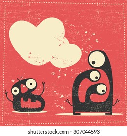 Cute monster on retro grunge background with place for text. cartoon illustration. vector