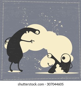 Cute monster on retro grunge background with place for text. cartoon illustration. vector