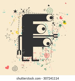 Cute monster on retro grunge background. Cartoon illustration. Vintage vector illustration.